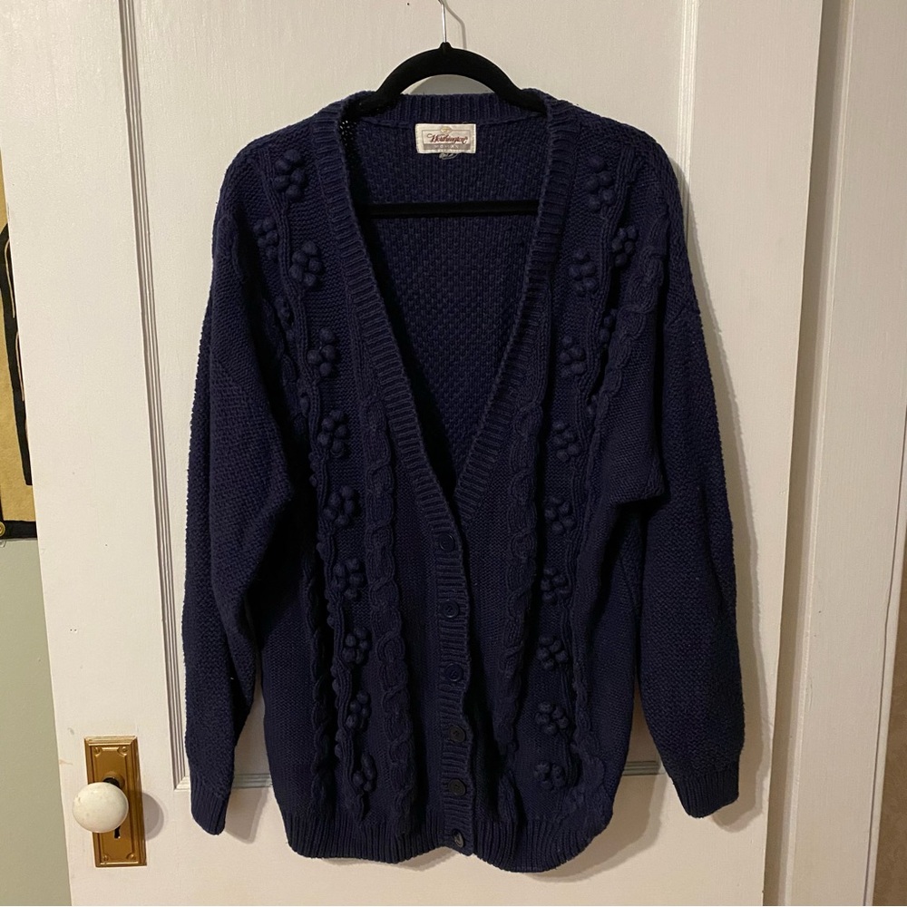Vintage Navy Blue Knit Bobble Cardigan Sweater